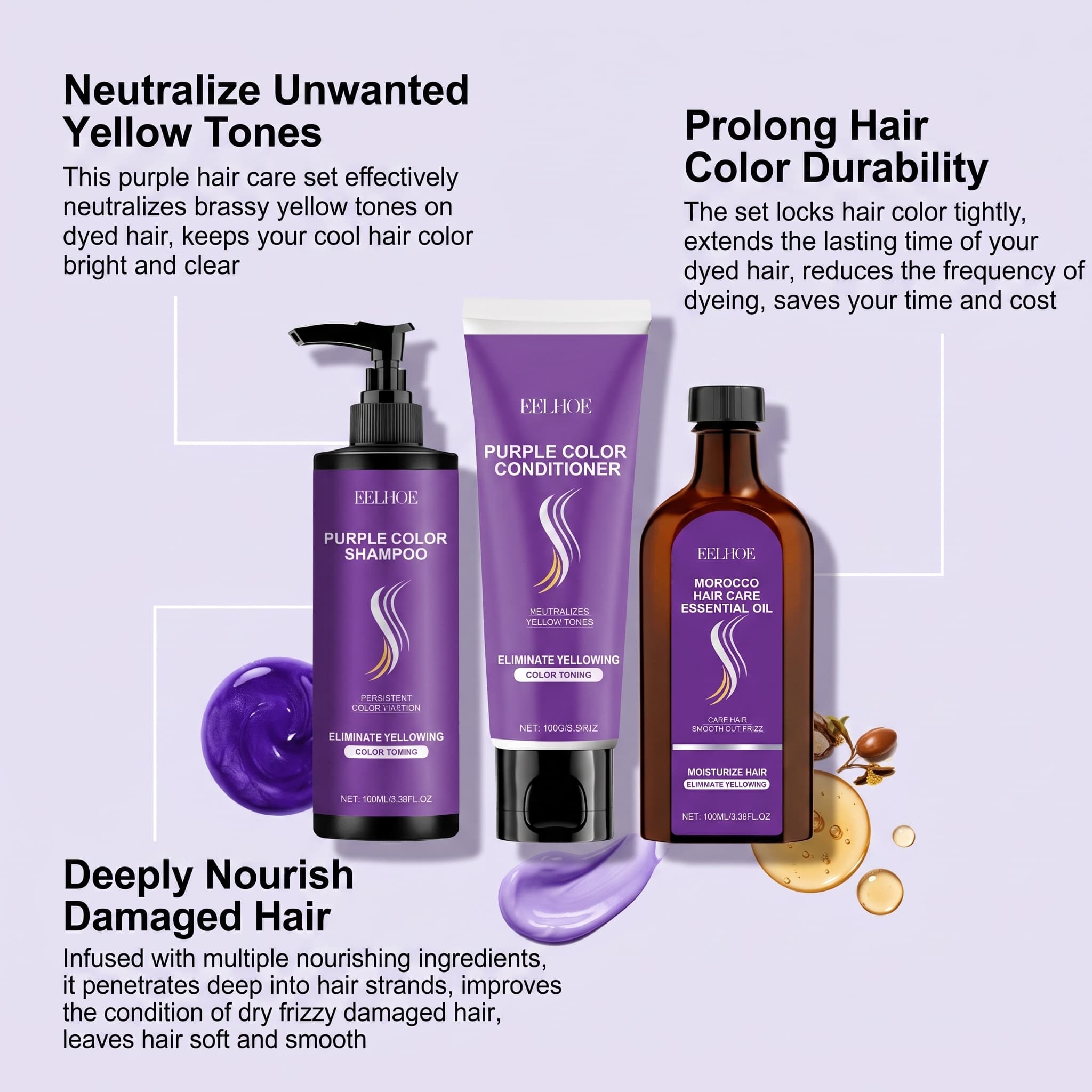 Lila Shampoo-Set mit Condition – Hair Care Oil Serum Bewertung und Preis